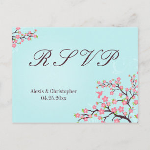 Blauer Rosa Kirschblüten Hochzeit RSVP Postkarte
