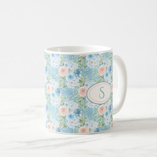 Blauer Rosa Monogramm Shabby Chic Kaffeetasse (VorderseiteRechts)
