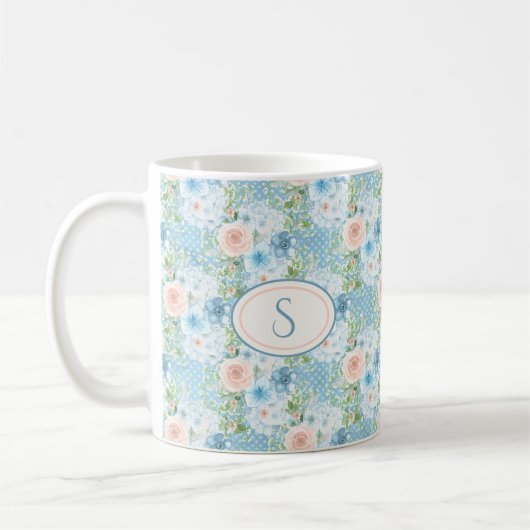 Blauer Rosa Monogramm Shabby Chic Kaffeetasse (Links)