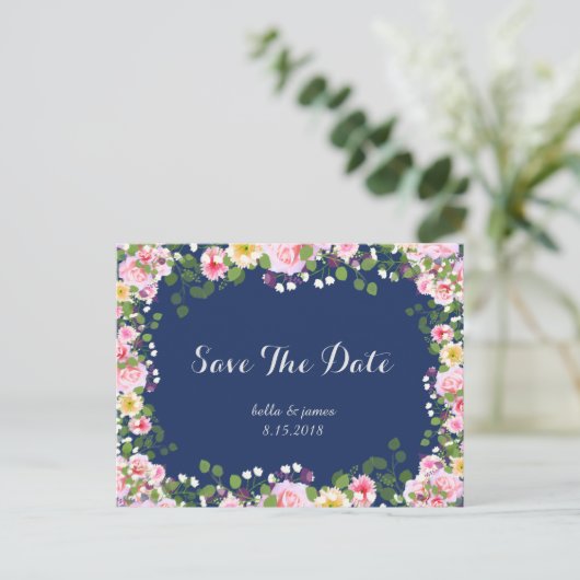 Blauer rosa Navy Blau Save the Date Postkarten (Stehend Vorderseite)