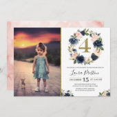 Blauer Rosa Navy und Blütenrosa Blüten 4. Geburtst Einladung (Vorne/Hinten)