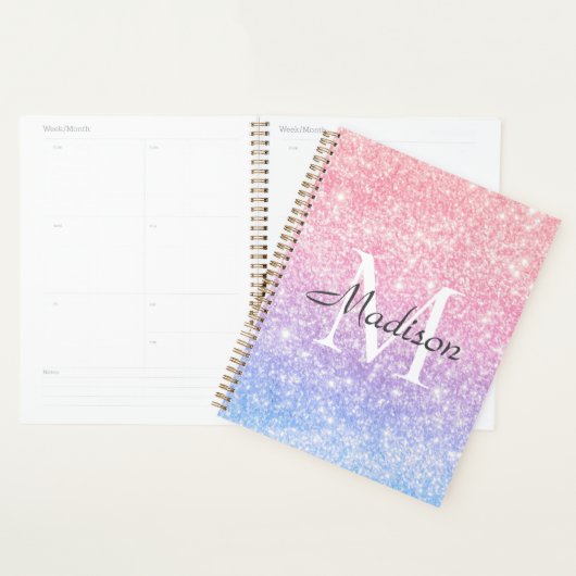 Blauer Rosa Ombre Glitzer Name Monogram Planer (Anzeige)