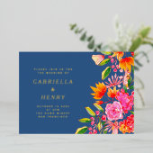 Blauer Rosa Orangefarbene Blumenzwiebeln Gold Folieneinladung (Stehend vorne)