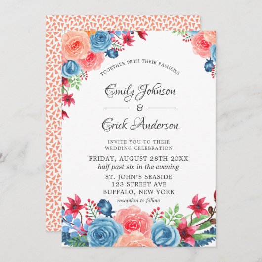 Blauer Rosa-Orangenputz Hochzeitsfeier Einladung (Vorne/Hinten)
