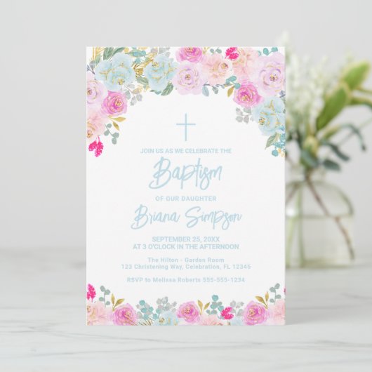 Blauer Rosa Pfirsich Lila Blumen Blühende Taufe Einladung (Stehend Vorderseite)