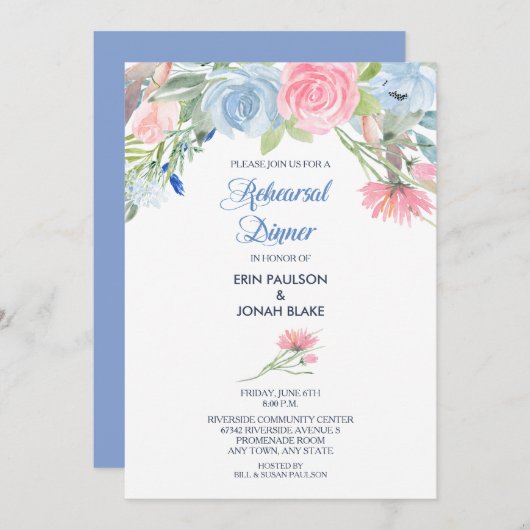 Blauer Rosa Probe Abendessen Einladung (Vorne/Hinten)