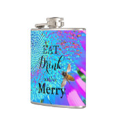 Blauer rosa Retro funky sonngeblümtes Foto Flachmann (Links)