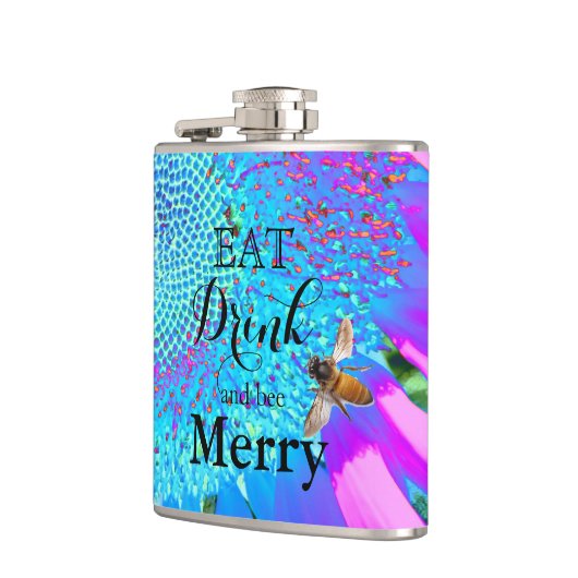 Blauer rosa Retro funky sonngeblümtes Foto Flachmann (Links)