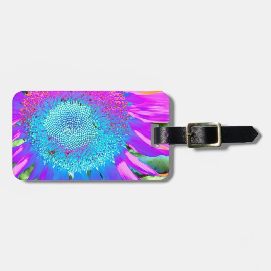 Blauer rosa Retro funky sonngeblümtes Foto Gepäckanhänger (Vorderseite horizontal)