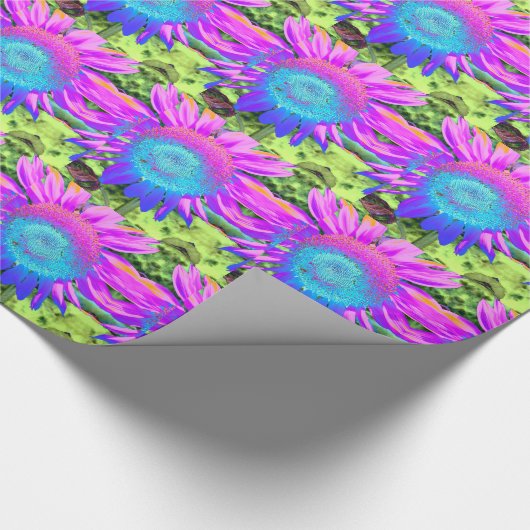 Blauer rosa Retro funky sonngeblümtes Foto Geschenkpapier (Ecke)