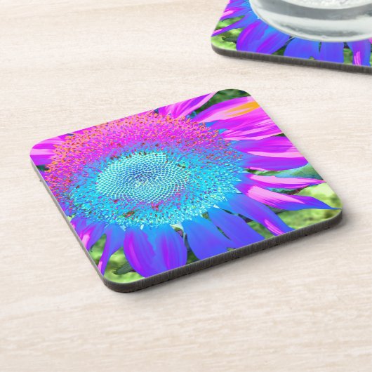 Blauer rosa Retro funky sonngeblümtes Foto Getränkeuntersetzer (Linke Seite)