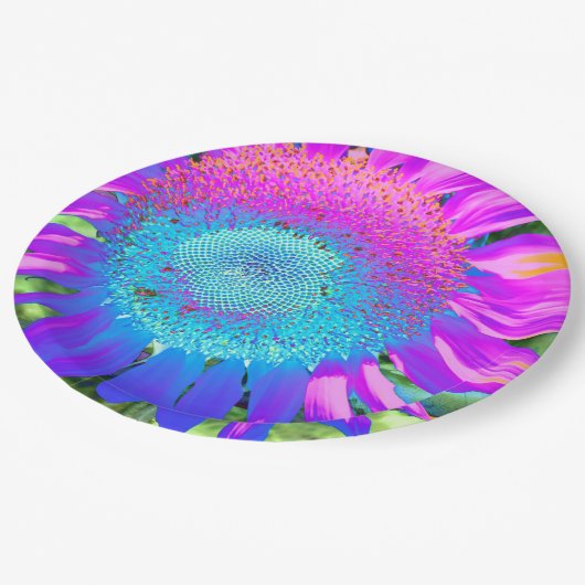Blauer rosa Retro funky sonngeblümtes Foto Pappteller (Schrägansicht)