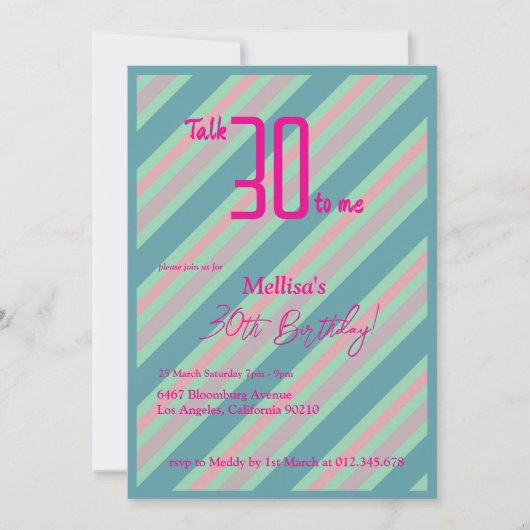 Blauer Rosa Streifen Weibchen 30. Geburtstag Einladung (Vorderseite)