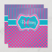 Blauer, rosa Tupfen-sechzehnte Einladung (Vorne/Hinten)