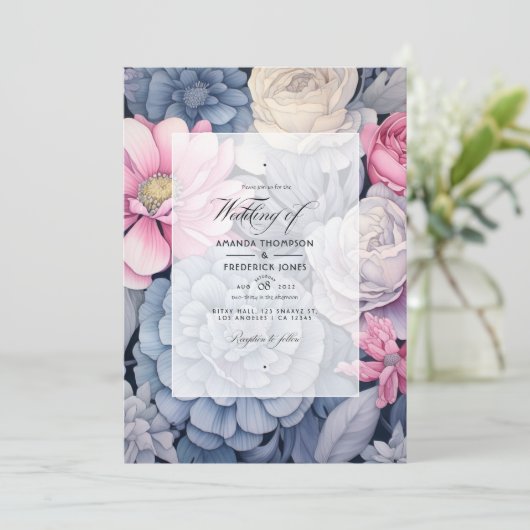 Blauer, Rosa und Silberblume Einladung (Stehend Vorderseite)