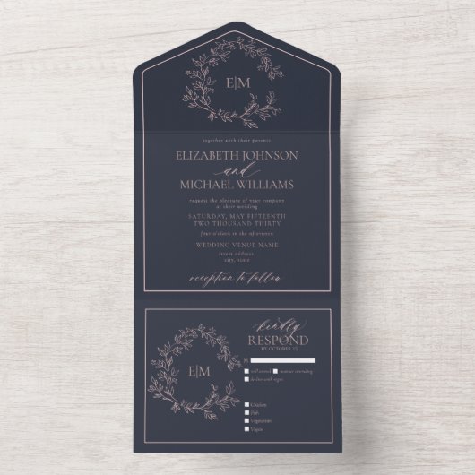 Blauer Rosa Wappen Mongram All In One Einladung (Innen Boden)