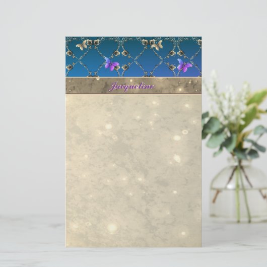 Blauer Rose Schmetterlinge mit Namen Stationery Briefpapier (Stehend Vorderseite)