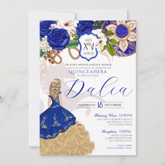 Blauer Rose Western Charro Quinceañera Einladung (Vorderseite)