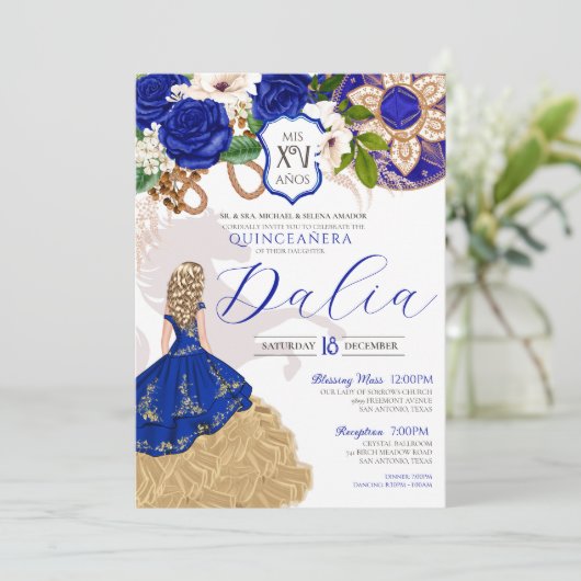 Blauer Rose Western Charro Quinceañera Einladung (Stehend Vorderseite)