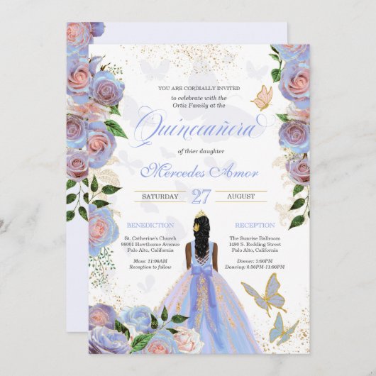 Blauer Rosen Schmetterling Quinceanera Einladung (Vorne/Hinten)