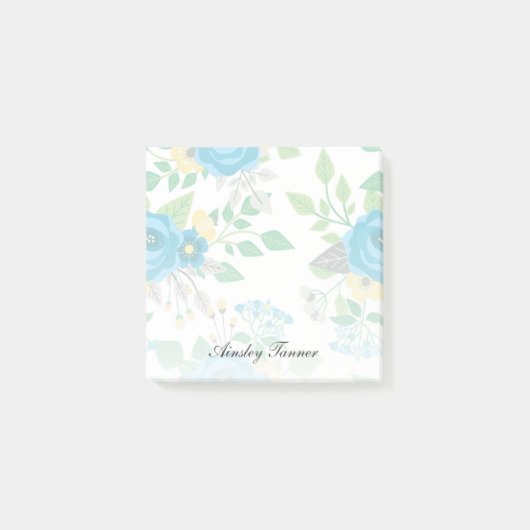 Blauer Rosen-u. Vergissmeinnicht-individueller Post-it Klebezettel (Vorderseite)