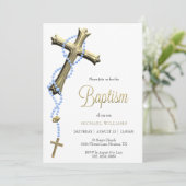 Blauer Rosenkranz Decorated Gold Cross Taufen Einladung (Stehend Vorderseite)