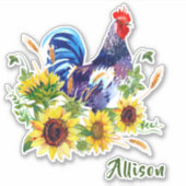 Blauer Roster mit Sonnenblumen Name Aufkleber (Vorderseite)