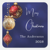 Blauer Roter Goldbaum Weihnachten Quadratischer Aufkleber (Vorderseite)