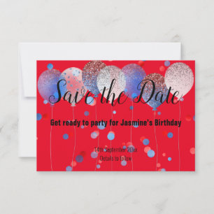 BLAUER ROTER PUNKT LUFTBALLON ROT SAVE THE DATE RSVP KARTE
