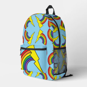 Blauer Rucksack mit Regenbögen und Blitzsymbolen