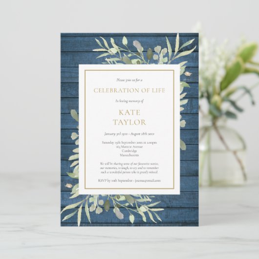 Blauer Rustikaler Grüner Beerdigung des Lebens Einladung (Stehend Vorderseite)