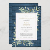 Blauer Rustikaler Grüner Beerdigung des Lebens Einladung (Vorne/Hinten)