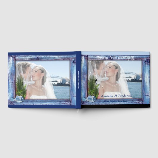 Blauer, rustikaler Holzrahmen und Fisch Gästebuch (Voll)