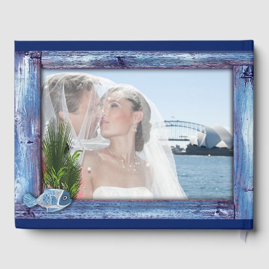 Blauer, rustikaler Holzrahmen und Fisch Gästebuch (Rückseite)