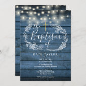 Blauer Rustikaler Holzstring Lights Foliage Taufe Einladung (Vorne/Hinten)