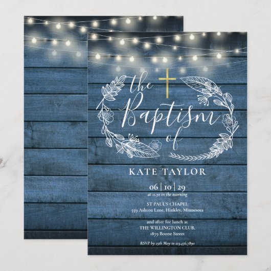 Blauer Rustikaler Holzstring Lights Foliage Taufe Einladung (Vorne/Hinten)