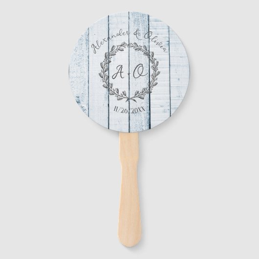 Blauer Rustikaler Monogramm-Gastgeschenk Hochzeit Fächer (Vorderseite)