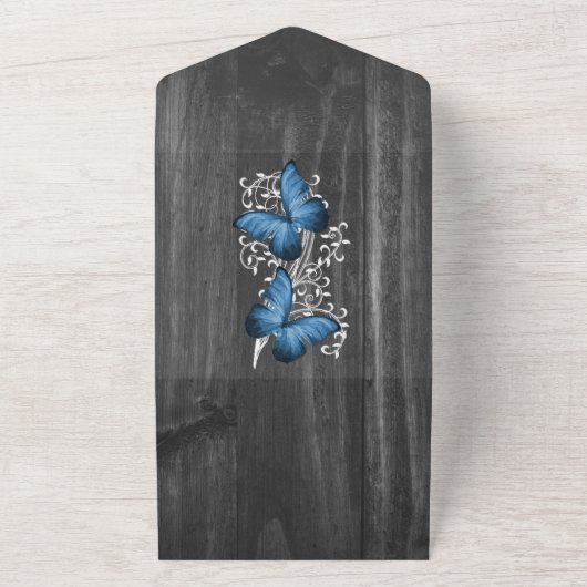 Blauer Rustikaler Schmetterling auf einer Hochzeit All In One Einladung (Außenbereich)