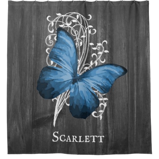 Blauer Rustikaler Schmetterling Personalisiert Dus Duschvorhang (Vorderseite)