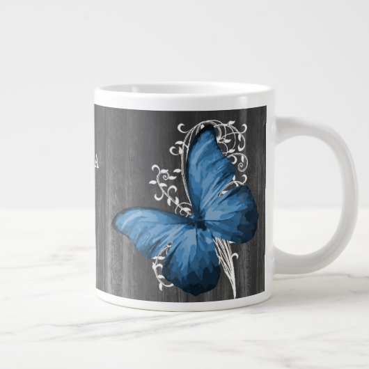 Blauer Rustikaler Schmetterling Personalisiert Jumbo-Tasse (Rechts)