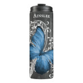 Blauer Rustikaler Schmetterling Personalisierter T Thermosbecher (Vorderseite)