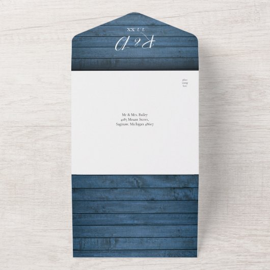 Blauer Rustikaler Stallholz QR Code Blumenzehen All In One Einladung (Außenbereich)