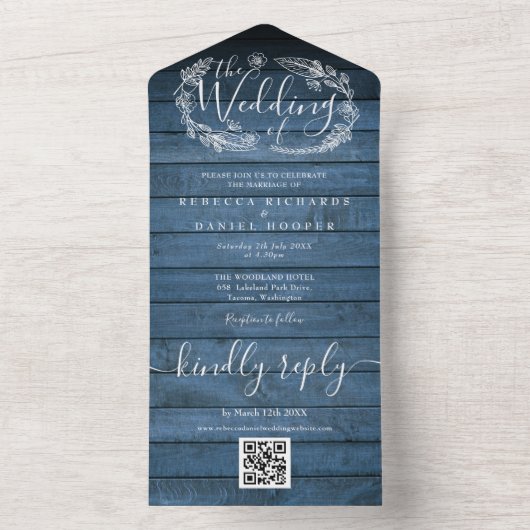 Blauer Rustikaler Stallholz QR Code Blumenzehen All In One Einladung (Innen Boden)