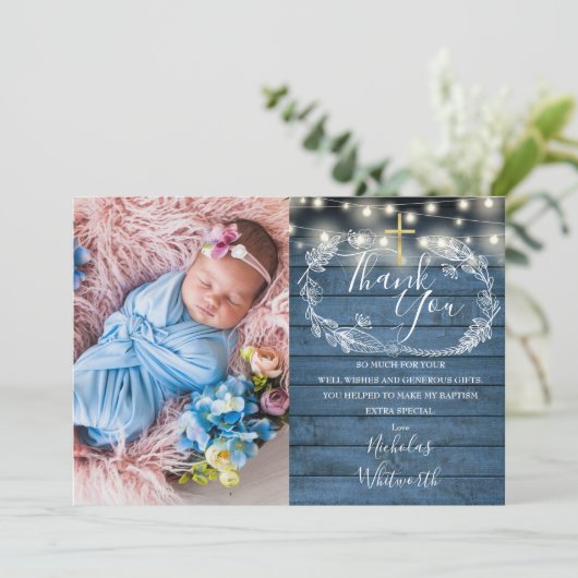 Blauer Rustikaler String Lights Foto Taufe Dankeskarte (Stehend Vorderseite)