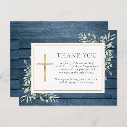 Blauer Rustikaler Wald Grüne Christliche Beerdigun Dankeskarte (Vorne/Hinten)