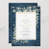 Blauer Rustikaler Wald Grüne Taufe Christening Einladung (Vorne/Hinten)