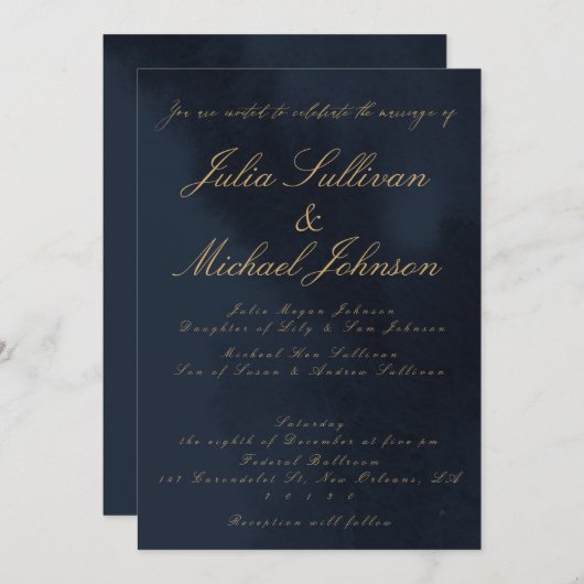 Blauer Samt Look Kalligrafie Einladung Hochzeit (Vorne/Hinten)