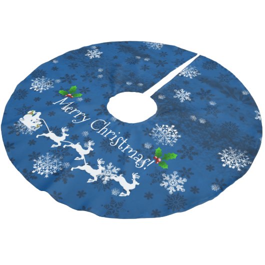 Blauer Santa-Schlitten und Rentierbaumrock Polyester Weihnachtsbaumdecke (Schrägansicht)