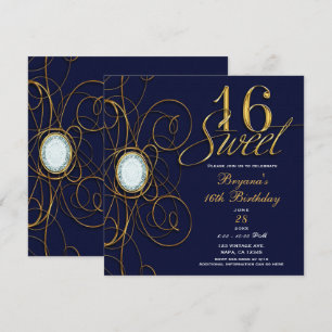 Blauer Saphir Gold Diamant Sweet 16 16. Geburtstag Einladung