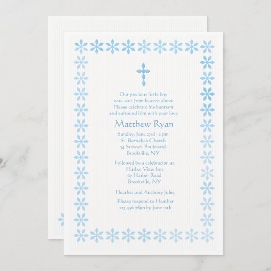 Blauer Schablone-Blumen-Rahmen Einladung (Vorne/Hinten)